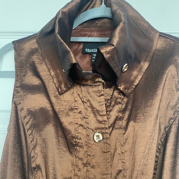 Frank Lyman Brown Metallic Taffeta Bubble Hem Large Collar Button Down Sz 8 - Picture 4 of 8